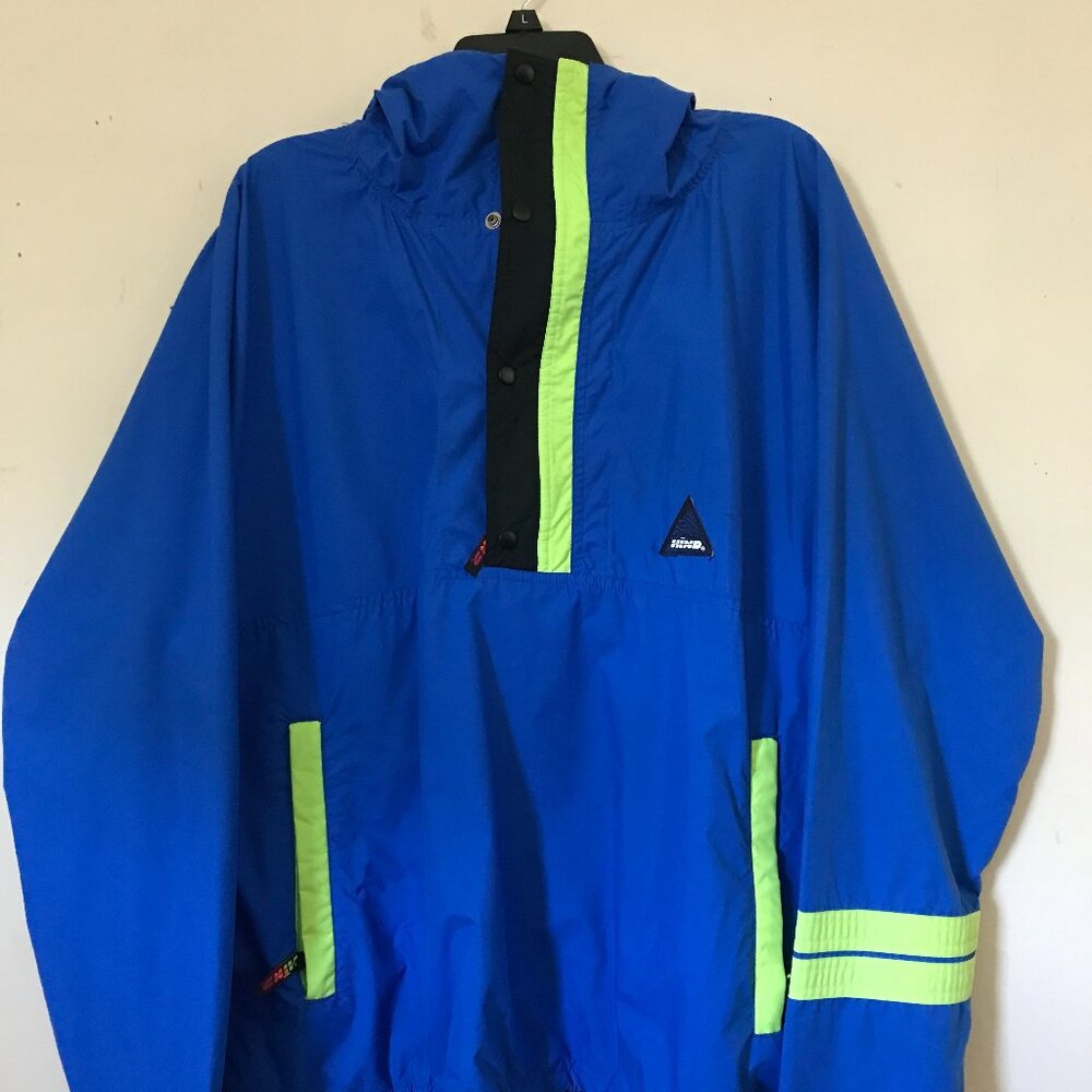 Vintage HIND Men's Hooded Windbreaker Royal Blue/Neon Green XL